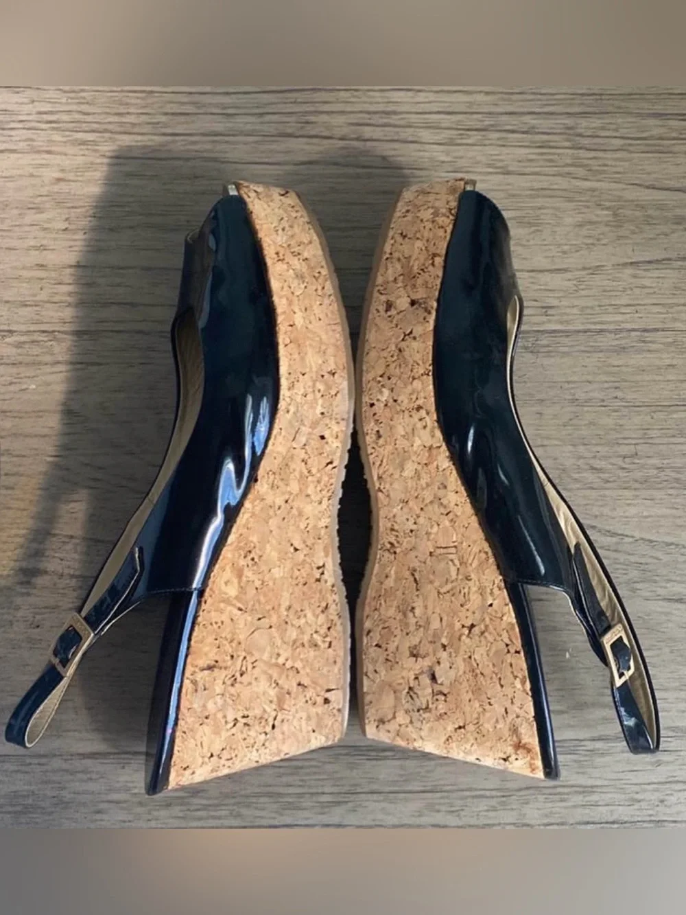 Jimmy Choo Black Patent Leather Wedge Peep-Toe Size IT 41 - US 10.5 width 3”